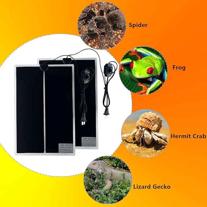 Reptile Heating Mat, 2PCS Reptile Heating Pad with Temperature Adjustment for Reptiles Tortoise Snakes Lizard Gecko Hermit Crab Amphibians - Removable Terrarium Heat Mats(20W,11x16.5 inches)