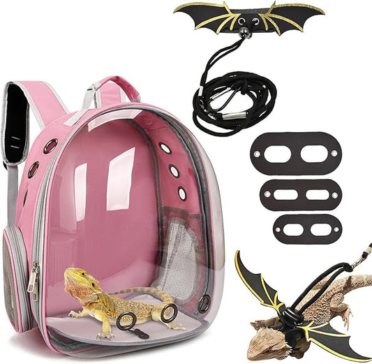 kathson Bearded Dragon Carrier with Harness and Leash Set, Large Reptile Travel Carrier Portable Lizard Backpack Clear Small Animals Carrying Bag for Gecko Hamster Rabbit Hedgehog Kitten (Pink)