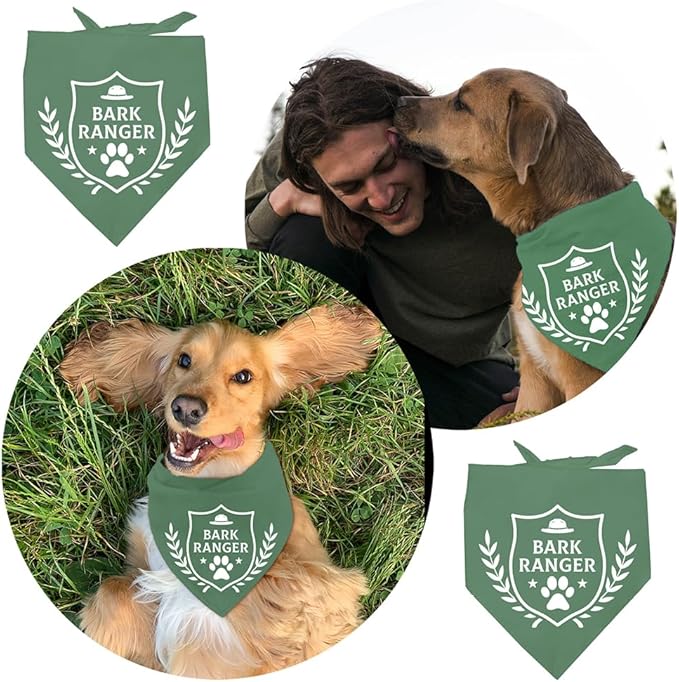 arricraft 1 Pc Pet Dog Bandana, Green Adjustable Triangle Pet's Bandana with Bark Ranger Words Shield Pattern Washable Cotton Scarf Bibs Kerchief for Dog Puppy Cat Kitten Pet 30.70x14.96inch(78x38cm)