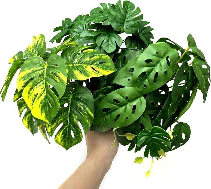 5 Pcs Reptile Plants & Habitat Decor Kit - 3 Artificial Plants & Large 5ft Jungle Vine Branch, Amphibian Habitat Hideout Tank Decorations fit Crested Gecko Leopard Lizard Chameleon Ball Python Frog