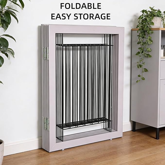 ZJSF Freestanding Dog Gate Indoor, Foldable Dog Fence for Doorways,Hallways or Stairs, Sturdy Wood Extra Wide Pet Gate with Support Feet,Grey,24 "Height-6 Panels
