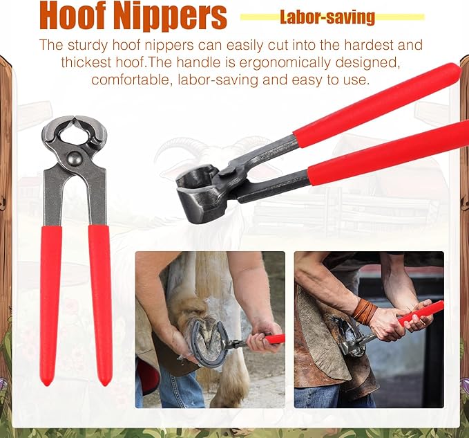 WILLBOND 9 Pcs 8 Inch Farrier Tools Kit Horse Goat Hoof Trimmer Metal Shears Farriers Hoof Nipper Cutter Handle Knife Gloves Brush Goat Supplies with Storage Bag