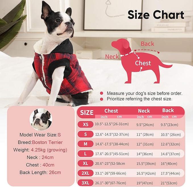 Vecomfy Fleece Lining Dog Hoodie for Small Dogs Extra Warm Plaid Sweater with Drawstring Hooded Coats in Winter Puppy Jacket,Red M