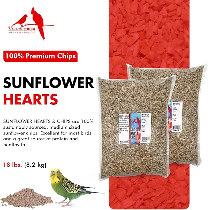 Morning Bird Sunflower Hearts & Chips 18 lbs (2-Pack, 9 lbs Each) – Premium Bird Seed with High Protein & Healthy Fat - Shelled Sunflower Hearts for Birds - Mess Free, Easy to Feed, Delicious Snack