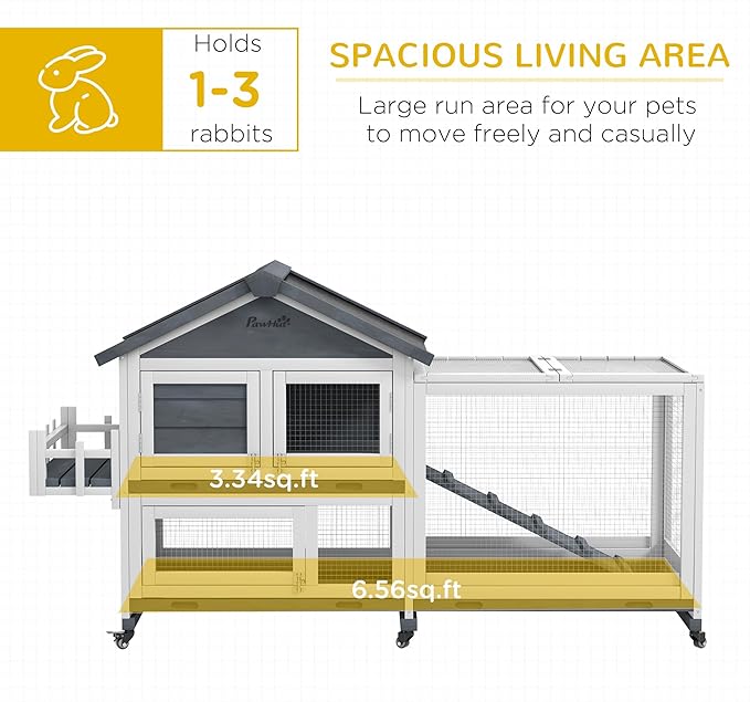 PawHut 65" Wooden Rabbit Hutch, Guinea Pig Hutch, Pet Playpen with Openable Roof, Bunny House Enclosure with Wheels, Storage Box, Slide-Out Tray, Ramp for Rabbits, Chickens, Ducks, Gray