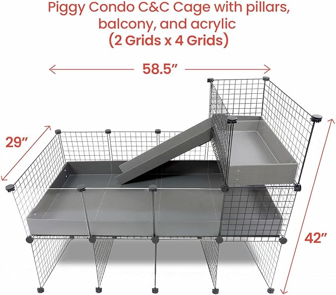 GuineaDad Piggy Condo – Premium C&C Cage with Balcony, Ramp, & Pillars for Guinea Pigs & Small Animals with Coroplast Base | Acrylic, C&C Grids for Small Pets (Acrylic, Standard (29" x 58.5" x 42"))