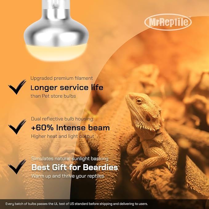 MRREPTILE Reptile Heat Lamp, 2-Pack 100W Intense Spot, Bearded Dragon & Lizard Basking Light, Simulated Midday Sun for Reptiles & Chickens
