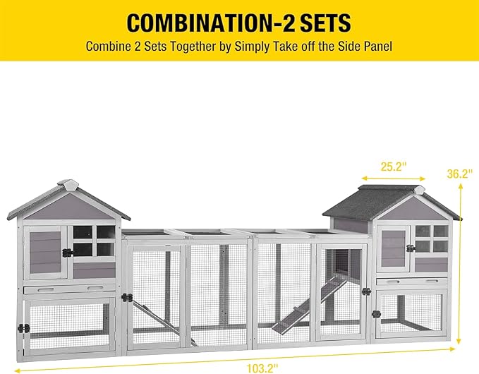 Aivituvin 103.2" L Rabbit Hutch Indoor Outdoor Bunny Cage with Run,Guinea Pig House Pull Out Upper Tray (103.2" L x 25.2" W x 36.2" H, Grey-2 Sets)