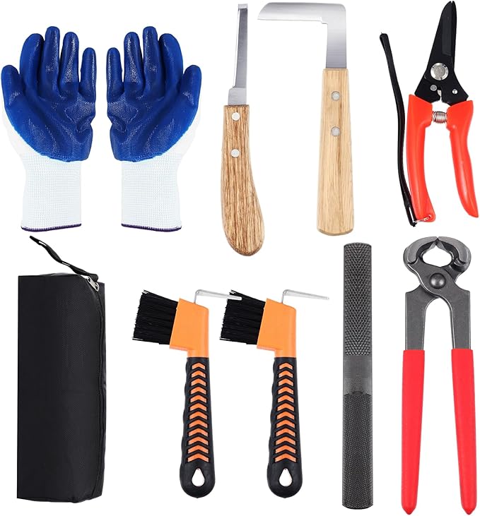 WILLBOND 9 Pcs 8 Inch Farrier Tools Kit Horse Goat Hoof Trimmer Metal Shears Farriers Hoof Nipper Cutter Handle Knife Gloves Brush Goat Supplies with Storage Bag