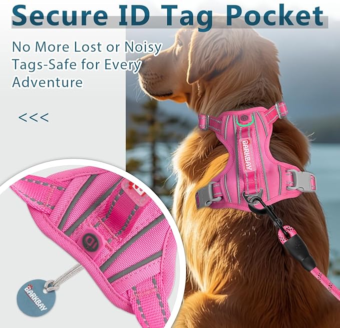 BARKBAY Dog Harness No Pull Oxford with ID Tag Pocket - Heavy Duty, Reflective, Easy Control for Large Dogs(Pink Oxford,XL)