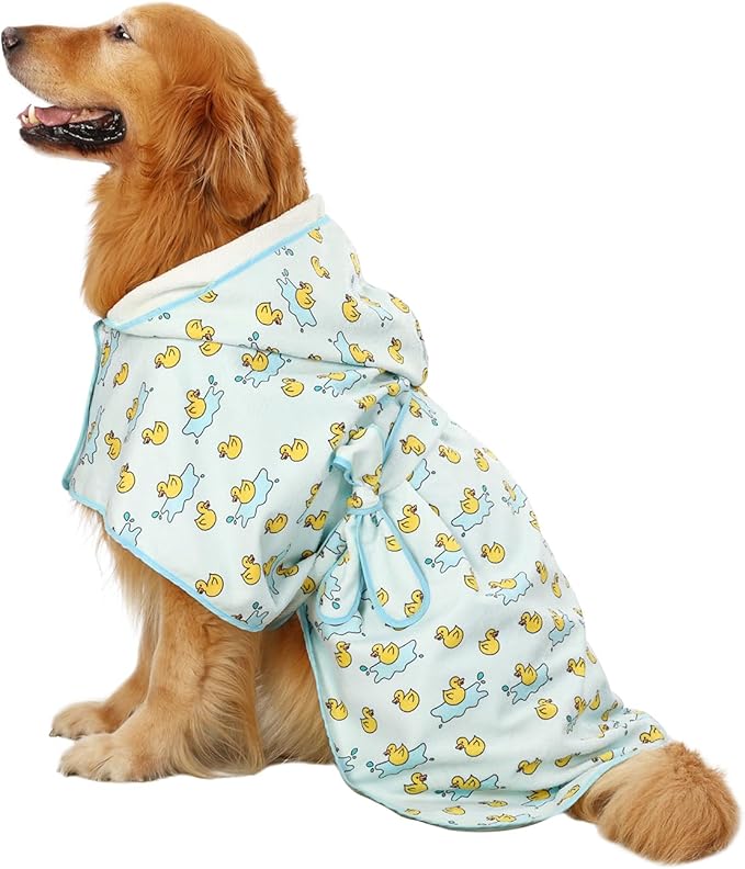 HDE Dog Bathrobe Super Absorbent Quick Drying Puppy Towel Wrap Coat Adjustable After Bath Robes with Hood for Dog Sizes S-XXL Rubber Duck Puddles XXL