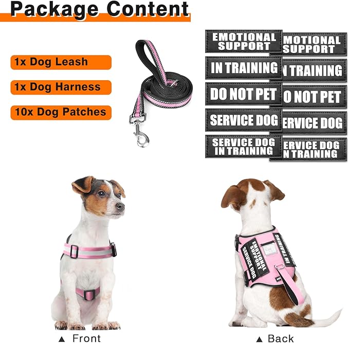 Service Dog Harness and Leash Set, Training Dog Vest with 10 Dog Patches, Emotional Support Therapy Dog Vest Harness for Small Medium Large and Extra Large Dogs(Pink, XL)