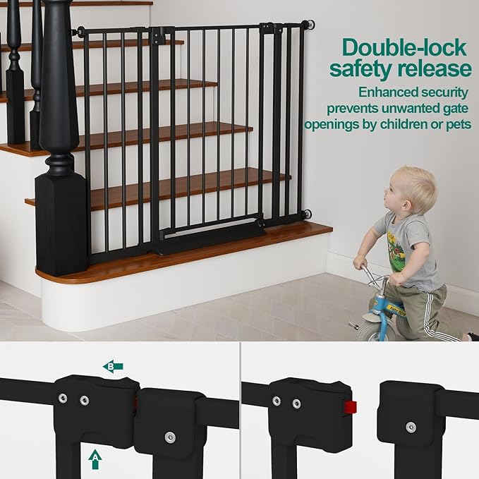 Miumoon 29.7-46" Baby Gate for Stairs with Banister Adapter Y-Spindle Rods, 30.5" Tall, Easy-Install Pressure Mounted Baby Gate for Doorways, Auto-Close Dog Gate Indoor for Child and Pets