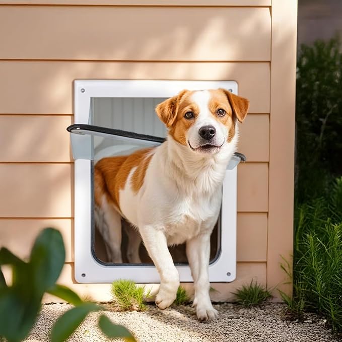 PAWISE 2 Way Dog Door, Lockable Dog Flap with Durable Metal Panel & Flexible Transparent Flap, Weatherproof & Easy Install Pet Door for Dogs, Quiet and Energy-Efficient Design Doggy Door (11.8"x12.2")