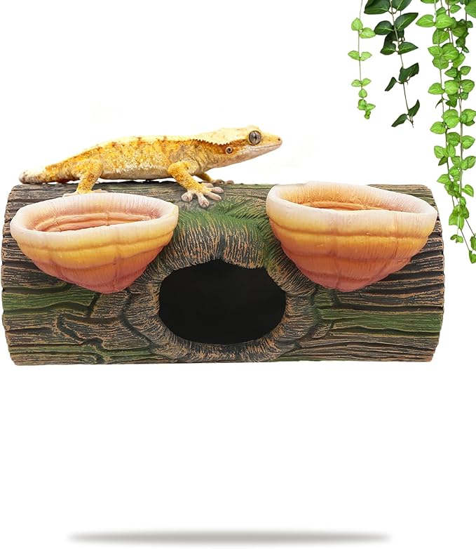 2 in 1 Magnetic Crested Gecko Hide, Reptile Hideout & Water Dish Food Bowl, Resin Hollow Log Cave, Reptile & Amphibian Habitat Hideouts, Aquariums & Terrariums Decor