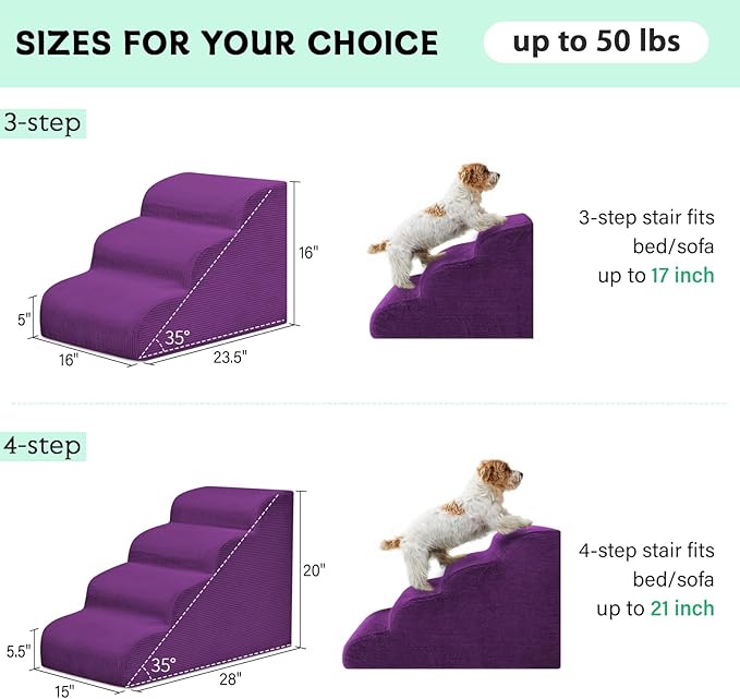 Mesa Lemon Dog Steps for Small Dogs, 4-Step Dog Ramp and Stairs for High Beds and Sofa, Non-Slip Pet Stairs Removable and Easy to Clean Cover, Purple