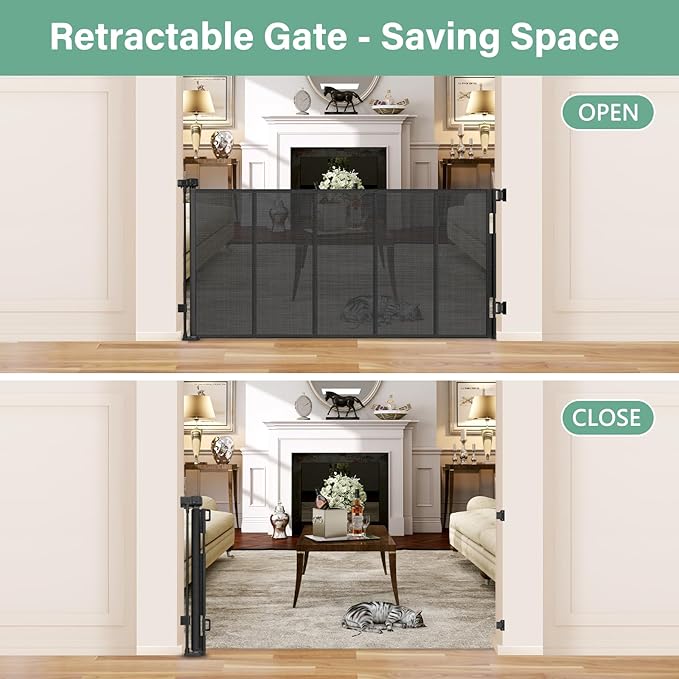 Reinforced 26 Inch Tall Retractable Dog Gate to Step Over 55" Wide Short Mesh Baby Gate Retractable Baby Gate for Doorway Low Outdoor Retractable Gate Small Pet Gate for Stair Puppy Gate for The House