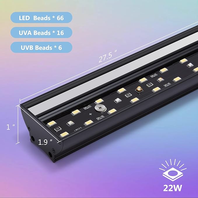 REPTITRIP 27-Inch LED UVB Reptile Light with Auto On/Off & Preset Day-Night Cycle Dimming, 4 UVI Modes Fixture Controller, 22W Aluminum UVA UVB Lamp for Bearded Dragons, Turtles & Snakes, 6500K
