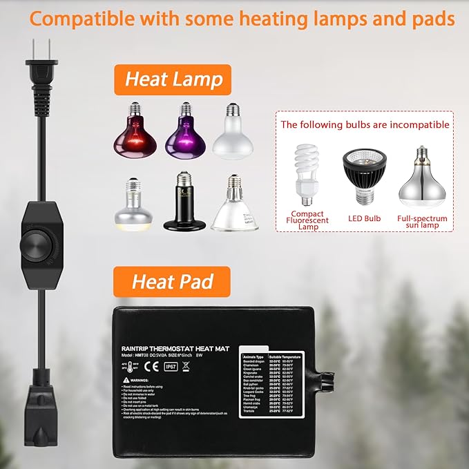 2Pcs Reptile Dimming Thermostat for Temperature Control, Dimmer Switches for Heating Pad & Heat Lamp, Reptile Knob Dimmer 200W MAX
