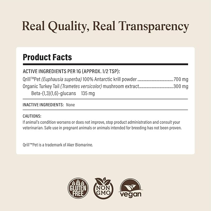 Real Mushrooms Turkey Tail with Qrill Pet - Turkey Tail Mushroom for Dogs with Krill Meal for Dogs and Cats - Beta-Glucan Rich Mushroom Extracts Immune & Gut Support for Puppies and Kittens, 75g