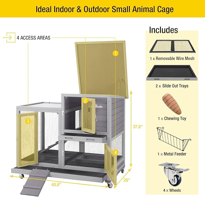Aivituvin Rabbit Hutch, Indoor Bunny Cage with Run Outdoor Rabbit House with Two Deeper No Leak Trays - 4 Casters Include (Grey)