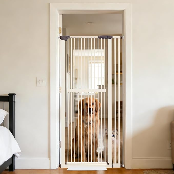 Lumizone Extra Tall Cat Gate 61.02" High Pressure Mounted Extra Wide 30.12"-38.38" (17Sizes) 1.37" Gap No Drilling Auto-Close Tall Pet Gate for Dogs (Cream, 30.12"-38.38" W)