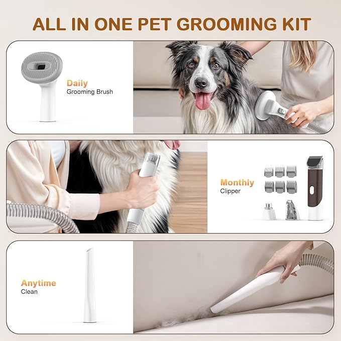 Dog Grooming Vacuum, Dog Grooming Kit with Pet Clipper Nail Grinder, 3 Suction Modes Dog Brush Vacuum with 6 Pet Grooming Tools (Auburn)