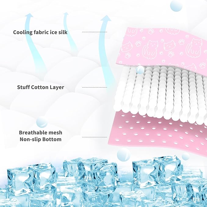 NWK Pet Cooling Mat -Q-Max>0.345 Ice Silk Cooling Mat for Dogs & Cats Portable & Washable Pet Cooling Blanket, Car Seats, Beds for Summer (Pink Cat, 20'' X 16'' X 0.3'')