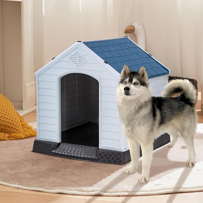 FDW 39-Inch Dog House Indoor Outdoor Durable Ventilate Waterproof Pet Plastic Dog House for Large Dogs Insulated Puppy Shelter Kennel Crate with Air Vents and Elevated Floor,Dark Black