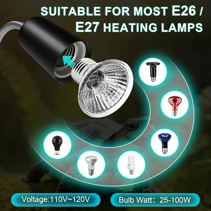 Reptile Heat Lamp Turtle Light - Long Lasting Ceramic Socket Basking Lamp with Auto Timer & Dimmer, 2 E27 Bulbs (25W & 50W) with UVB Support & Test Card for Turtles, Tortoises, Bearded Dragons, Geckos