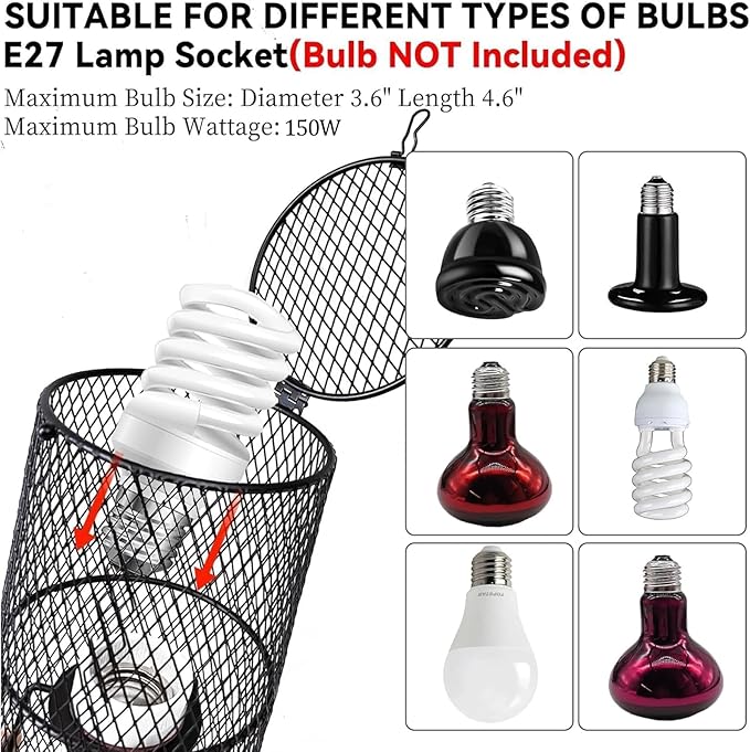 Reptile Heat Lamp Guard Ceramic Heat Emitter Basking Heater Lamp Reptile Accessories for Turtle Snakes Lizards Frogs Chicks with Power Switch & Anti-Biting Hanging Hook Design Round Without Bulb 150w