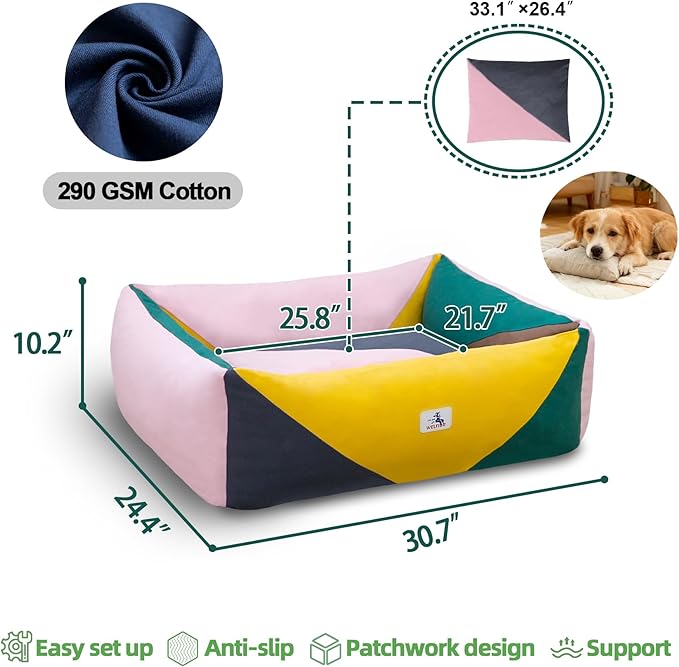 290 GSM Cotton Canvas Dog Couch Bed, Washable Removable Cover, Tough Bolster with Supportive Chopped Foam, Anti-Slip Bottom (Medium)