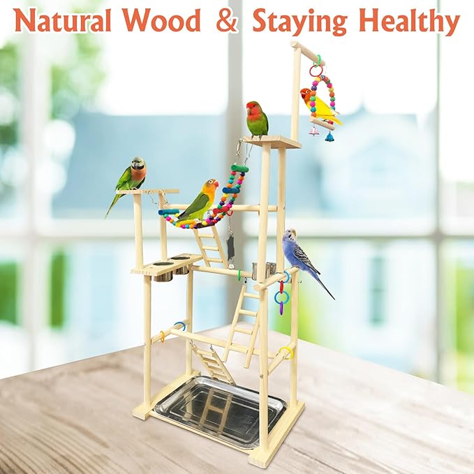 Hamiledyi Natural Wood Bird Playground Stand with 4 Large Layers - Exercise Perch and Wooden Foraging Puzzle Toys