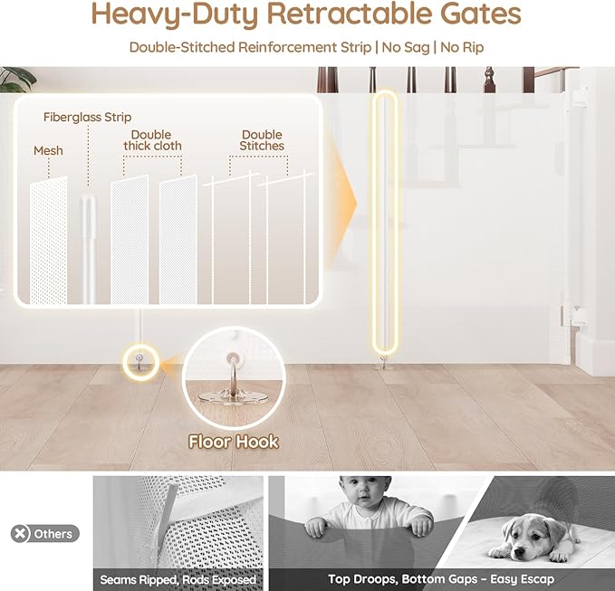 Miumoon One-Hand Operation Retractable Baby Gates, 71 inch Retractable Gate with Reinforced Strip Design to Prevent Crawling Through, 6 FT Retractable Dog Gate for Stairs, Doorways, Hallways