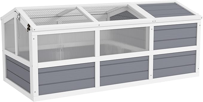 PawHut Tortoise Habitat, Wooden Outdoor Tortoise Enclosure with Doors, PC Sun Panel Windows, Bottomless Design Tortoise House for Small Animals, Rabbits, Light Gray