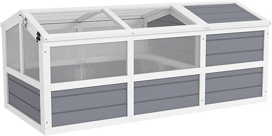 PawHut Tortoise Habitat, Wooden Outdoor Tortoise Enclosure with Doors, PC Sun Panel Windows, Bottomless Design Tortoise House for Small Animals, Rabbits, Light Gray