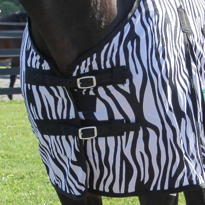 Country Pride Zebra Print Soft Mesh Fly Sheet for Horses, Summer Insect Protection, Adjustable Double Buckle Front, Shoulder Gussets, Removable Leg Straps, Breathable Mesh Horse Blanket (78 in)