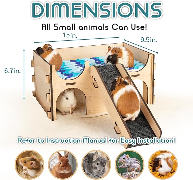 SoulThink® Upgraded Large Guinea Pig Toys Hideout - Easy to Assemble Wooden Guinea Pigs Castle with Ramp and Sky Blue Bed Cushion Decorative Guinea Pig Furniture for Play Area and Cage