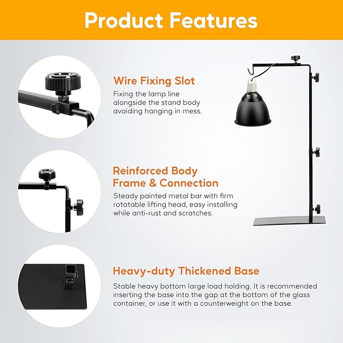 HealSmart Reptile Metal Lamp Stand Adjustable Floor Light Holder, Heating Light Landing Bracket, for Dome lampshade, Terrarium Tank, 15-36 Inch Height