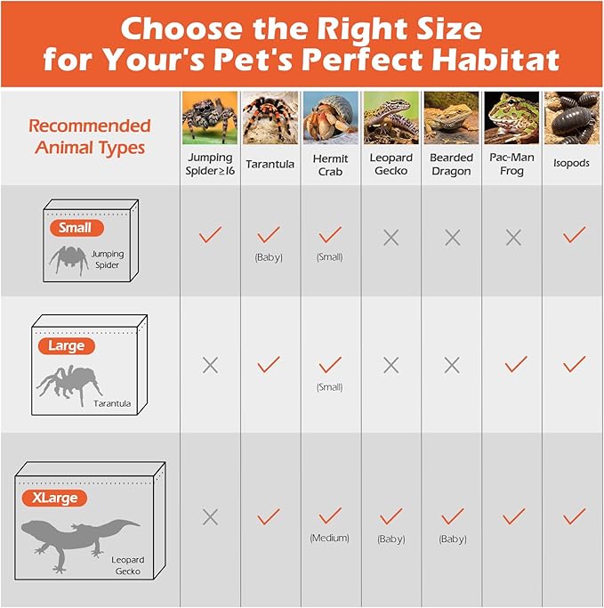 AZV Escape Proof Reptile Terrarium,Shatter Proof Polycarbonate Tarantula Tank with Magnetic Lid,Ventilated Spider Enclosure,360° Clear View,Easy Clean Habitat for Gecko,Frogs,Insects,Hermit Crabs L