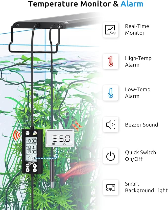 SEAOURA Aquarium LED Light with Thermometer, 36-42in Full Spectrum Lights for Fish Tank, 24/7 Programmable with Power Off Memory, WRGB Custom, 20 Level Dimmable Brightness for Freshwater Aquariums