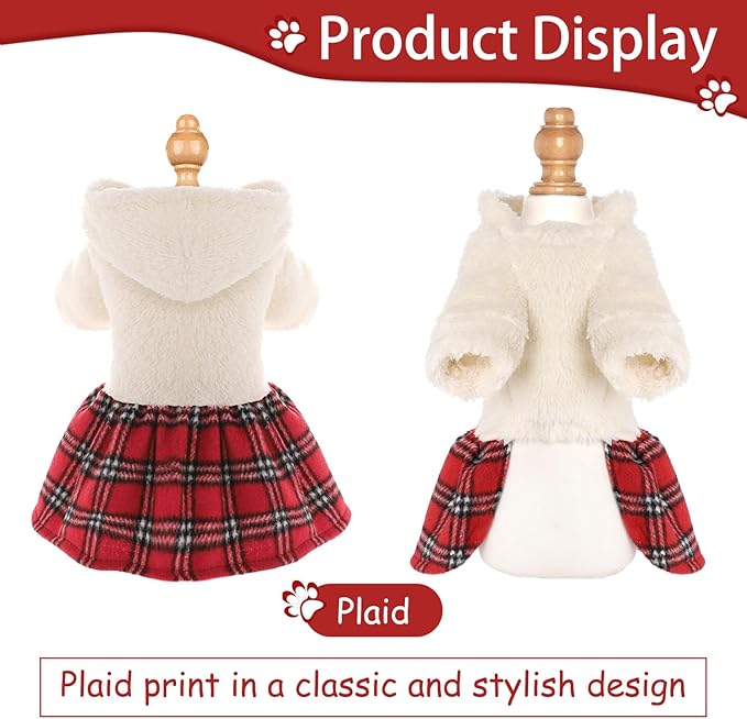 DaFuEn Dog Sweater,Dog Dress, Dog Sweaters Dresses for Small Dogs,Cute Warm Fleece Hooded Sweater for Small Dogs, Plaid Puppy Dresses Clothes Chihuahua Yorkie Cat Apparel （White,XS