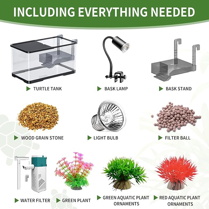 (Tank + Light + Filter + Filter Balls) Turtle Tank Kit, Turtle Tank Starter Kit,Bottom Drainage, Multi-Function Areas for Turtles, Crabs,Fishes, Amphibians,Reptiles. (15.75 x 8.64 x 8.64 Inch) New