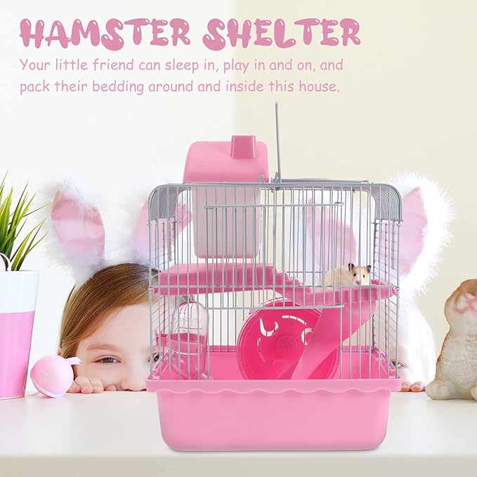 Hamster Cage Portable Double Layer Wire Habitat Small Critter House Cage Pet Playpen Activity Exercise Centre for Rodent Gerbil Mouse Rat Accessories Pink
