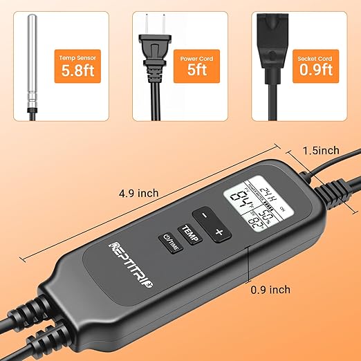 2 in 1 Reptile Dimming Thermostat with 2 Socket for Timer & Heating Control, Thermostat for Reptile Heat Lamp Heat Pad, PID Temperature Controller, Memory Function (Model: PT02T)