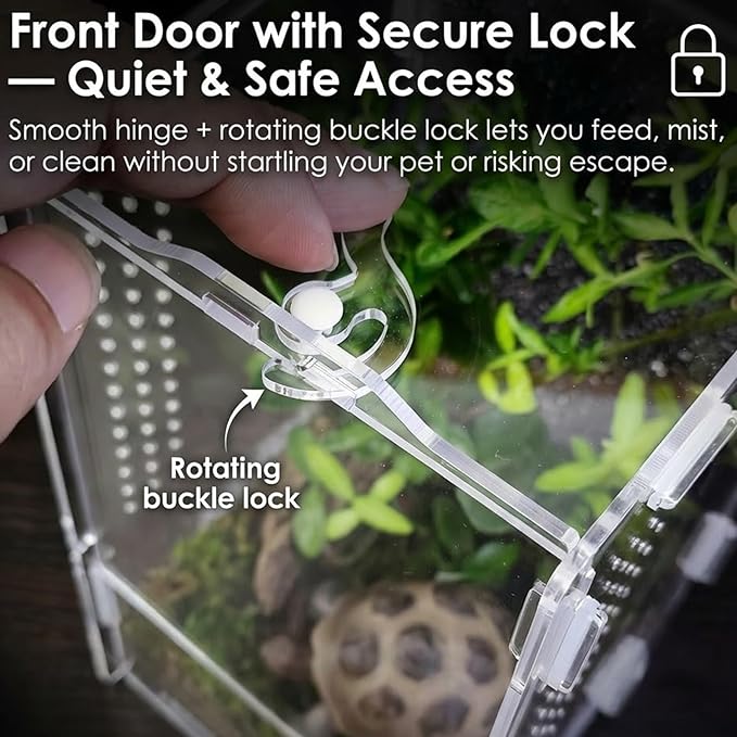 Acrylic Jumping Spider Enclosure: Tarantula Enclosure with Door Lock for Gecko Praying Mantis Snail - Front Opening Arboreal Reptile Terrarium Dual-Side Ventilation Bug Habitat for Desk Decor