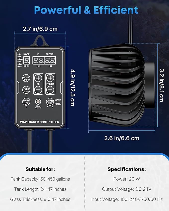 Pawfly Aquarium Powerhead 3400 GPH, Wave Maker for Aquariums DC 24V 20W, Power head for Aquariums, Aquarium Circulation Pump With Magnetic Base, Wavemaker for 50-450 Gallon Freshwater Saltwater Tank