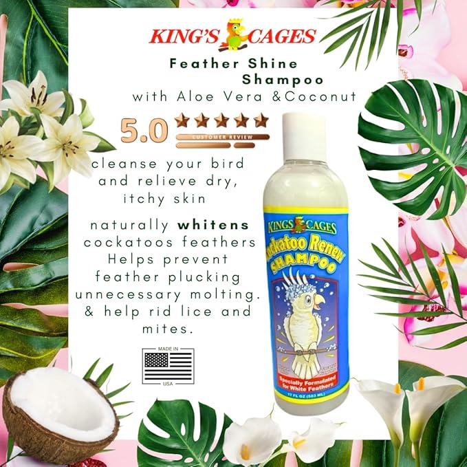 King's Cages Cockatoo Renew Shampoo 17 oz with Aloe Vera and Coconut Fragrance, Naturally Whitens Feathers, Deodorizes, and Relieves Dry Itchy Skin for Cockatoos, Parrots, and Pet Birds
