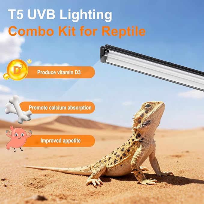 T5 UVB Light for Reptiles, 10.0 24W HO UVA UVB Reptile Light Fixture, 22 Inch Lamp Tube for Bearded Dragon Tortoise Lizards Reptiles and Amphibians