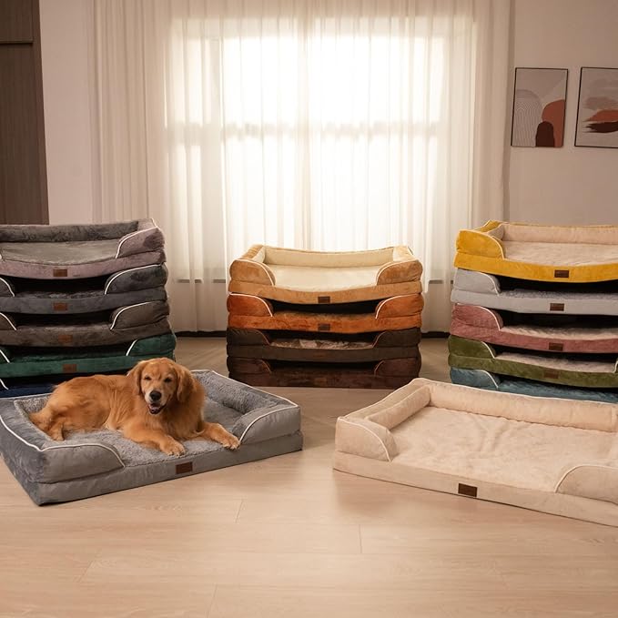 Comfort Expression Orthopedic Dog Bed for Extra Large Dogs 42x30 Inch, Waterproof Egg Crate Foam XL Pet Bed with Removable Bolsters, Dog Couch with Washable Cover & Non-Slip Bottom, Light Brown